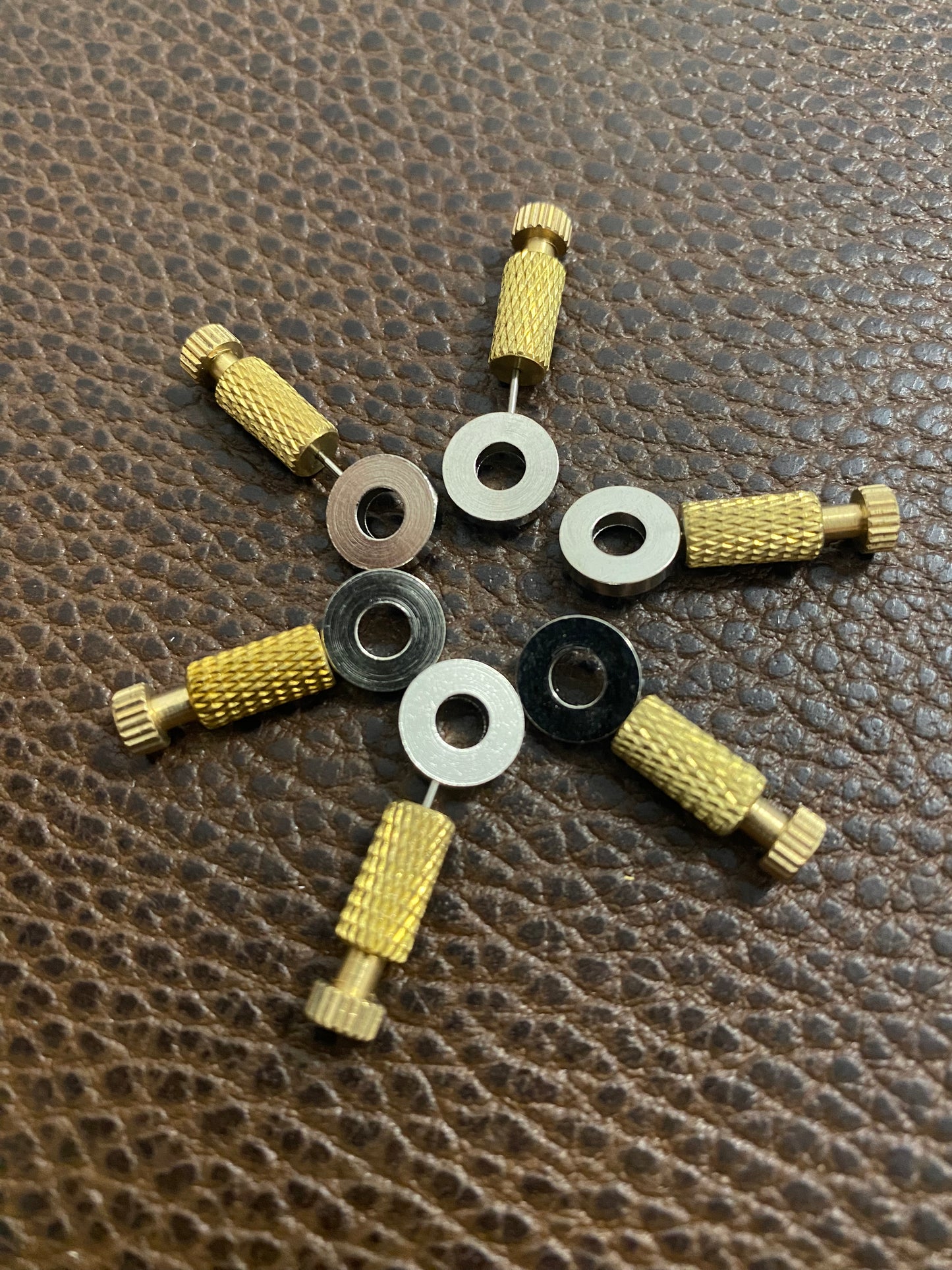 Set of 5 fixing pins for leather parts, brass/steel 18mm