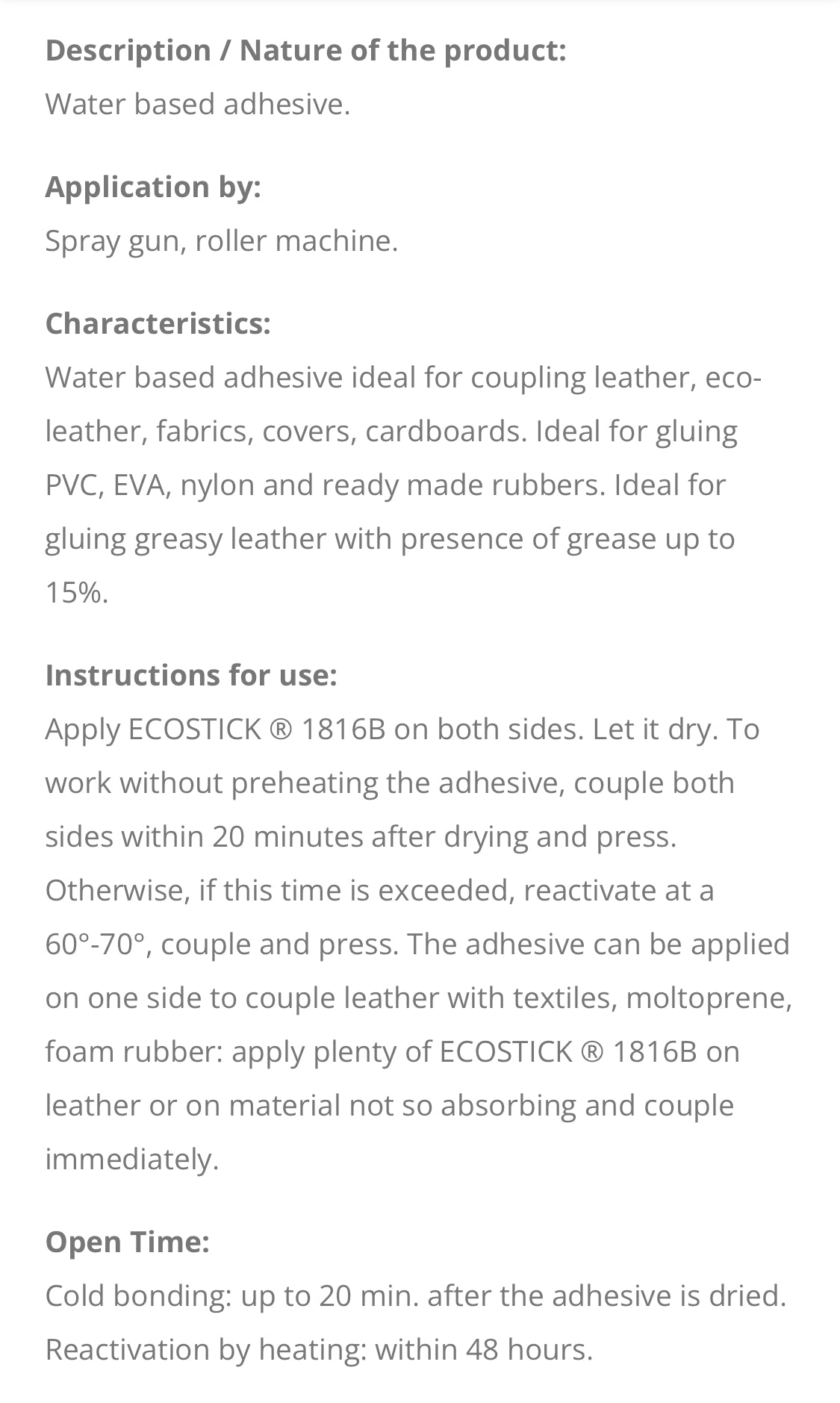 250ml/500ml colle cuir à base d'eau Ecostick® 1816B