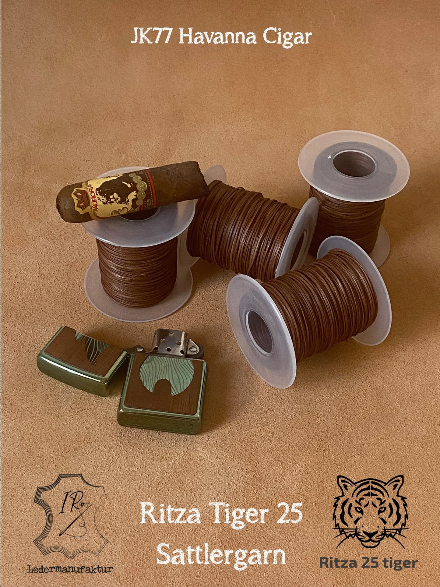 0,6 mm Ritza 25 tigre 50 m Spula | Filo da cucito per pelle, cerato. Punto a mano, forma piatta