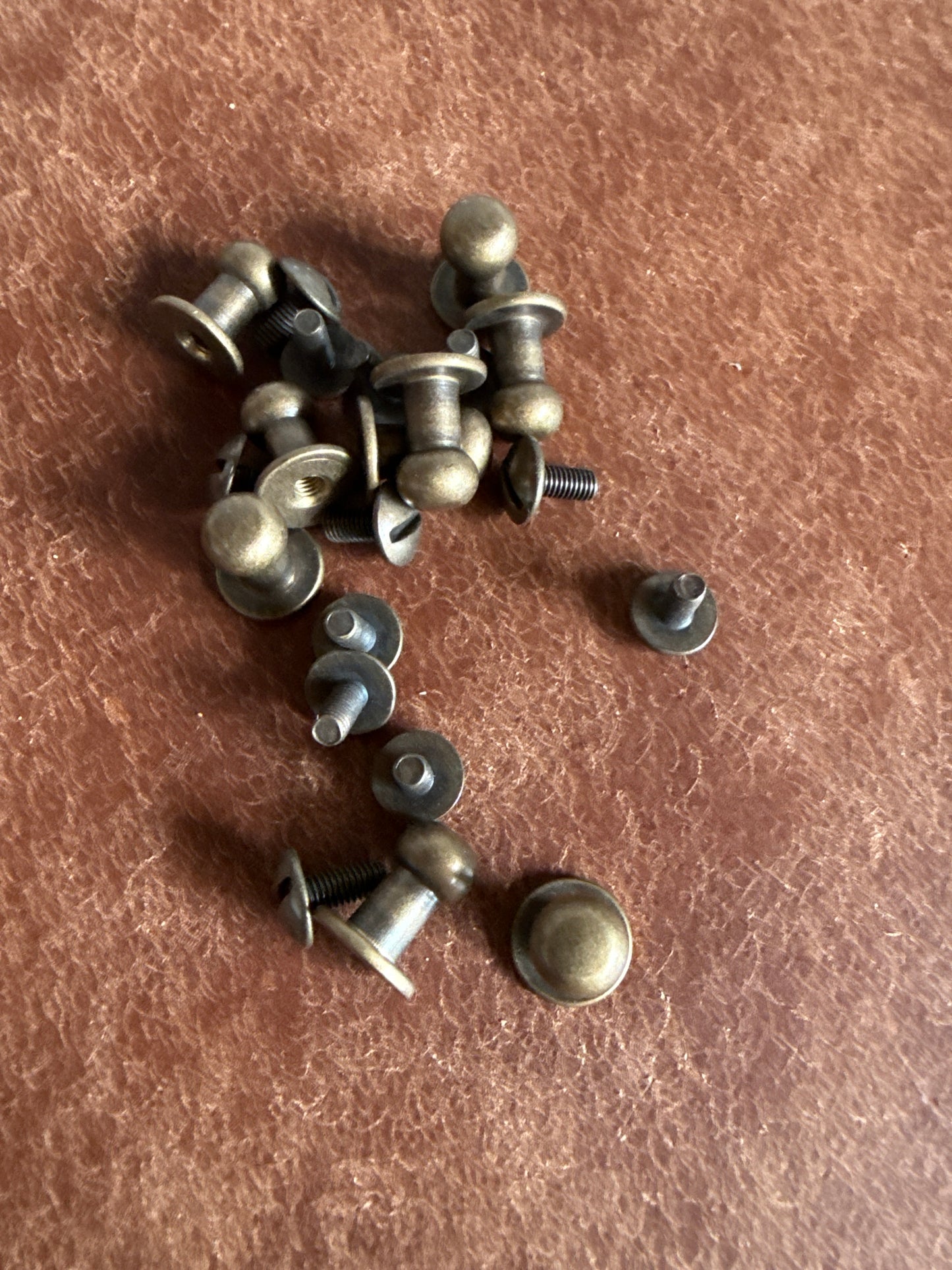 Knopfniete Beiltaschenknopf 7/4mm mit Schraube M3x7mm. Gesamthöhe 12mm. Schafthöhe 6mm. Altmessing.
