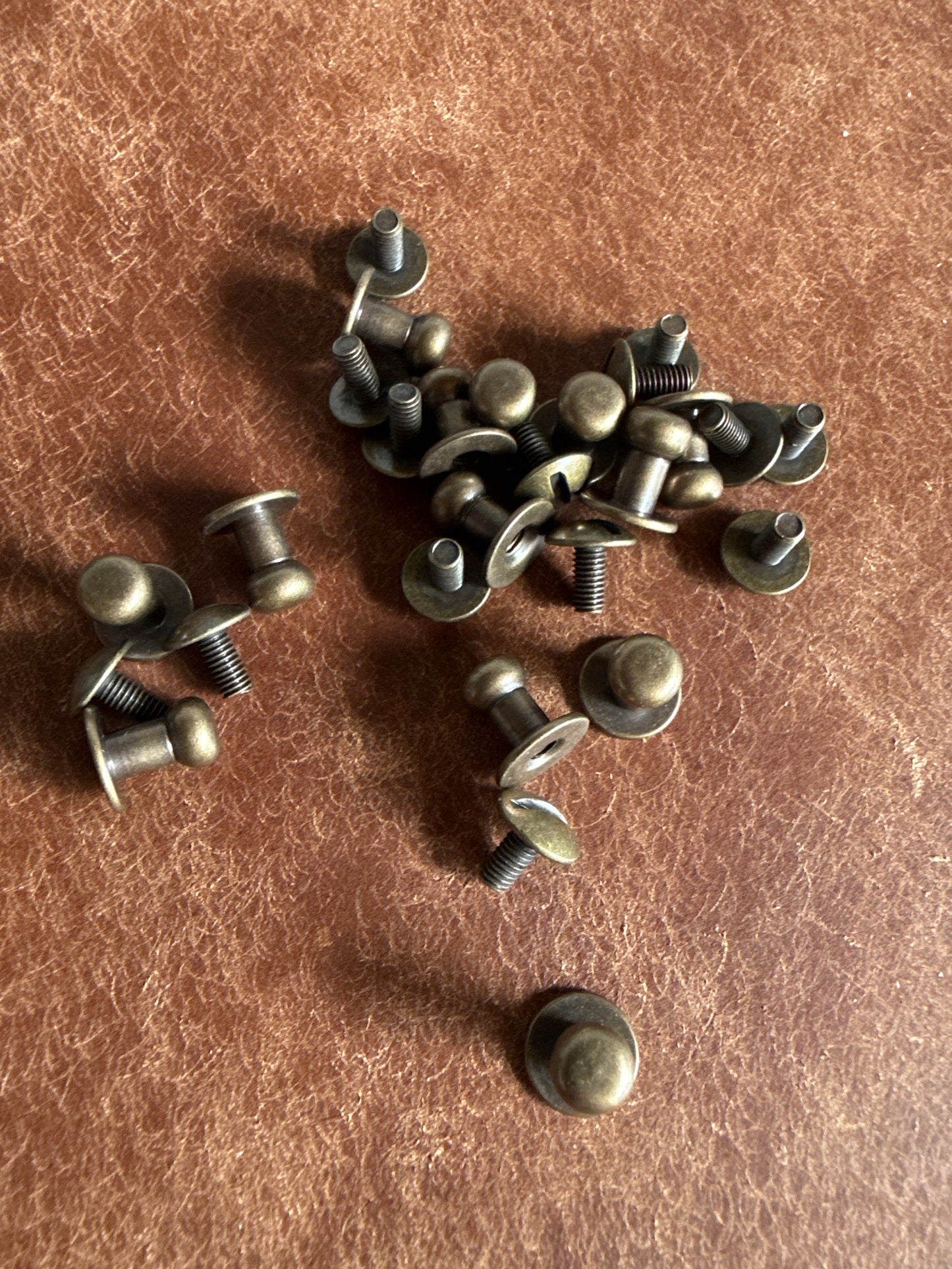 Knopfniete Beiltaschenknopf 6/4mm mit Schraube M3x6mm. Gesamthöhe 9,5mm. Schafthöhe 4,5mm. Altmessing.